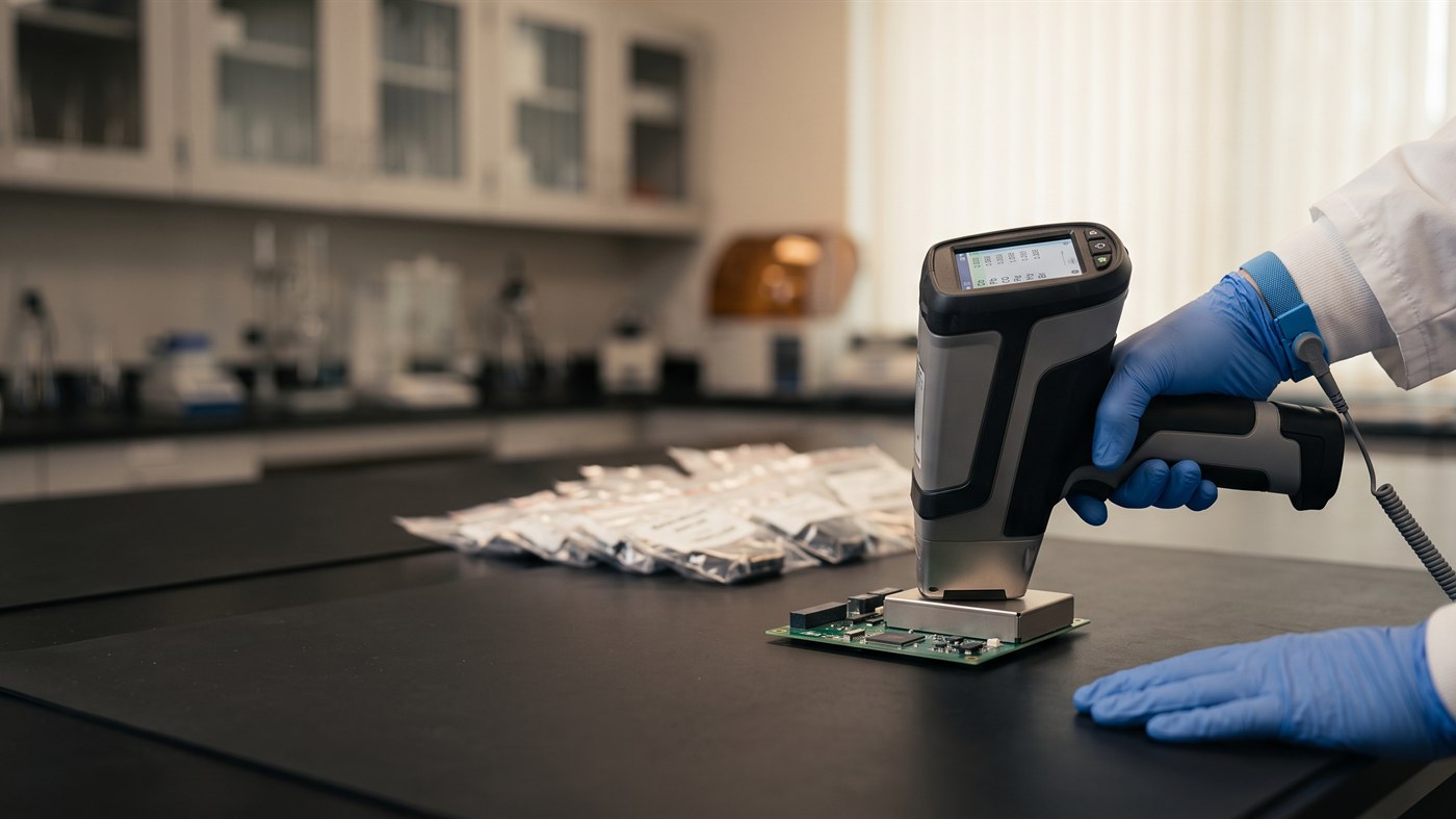 Eldivenli bir teknisyenin elektronik devre kartını XRF analiz cihazıyla test etmesi